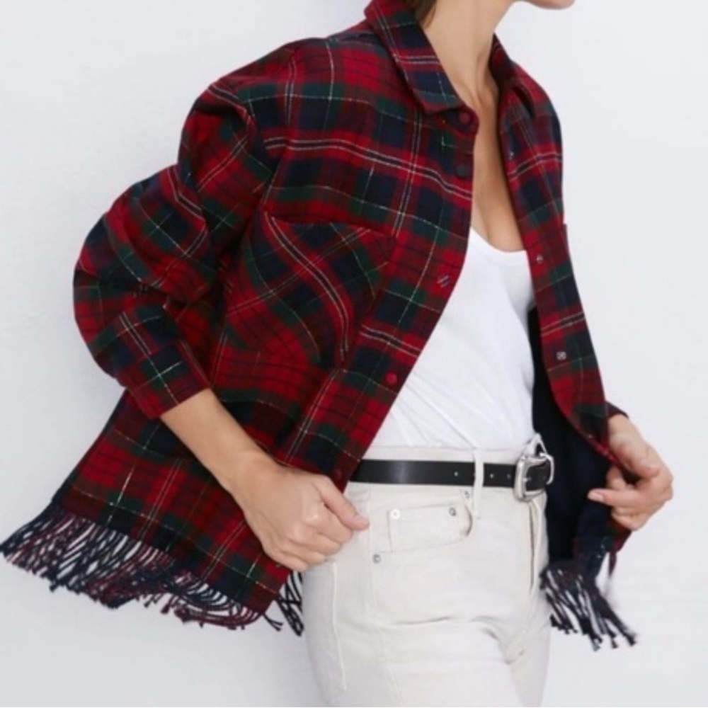 ZARA Sz S Plaid Boxy Fringed Patch Pockets Slightly Oversized Shirt Jacket